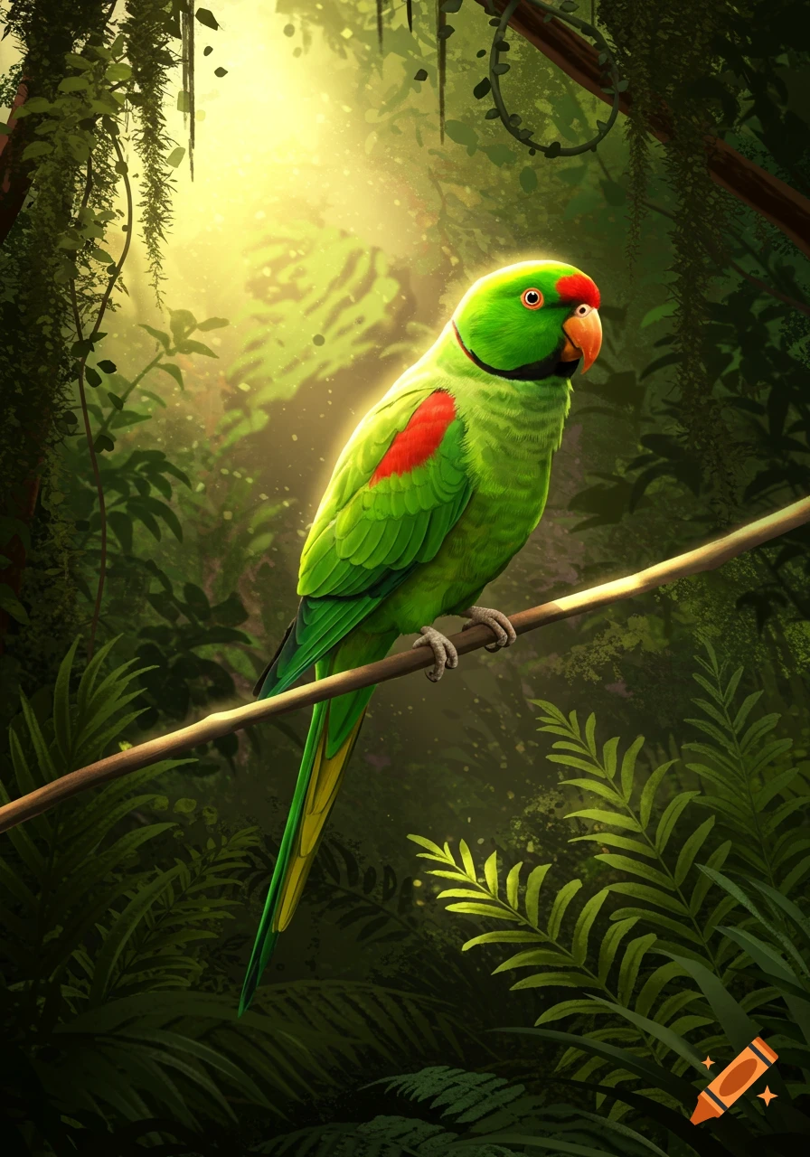 A vibrant green parrot with a red head and shoulder patches perches on a branch in a sun-dappled jungle.