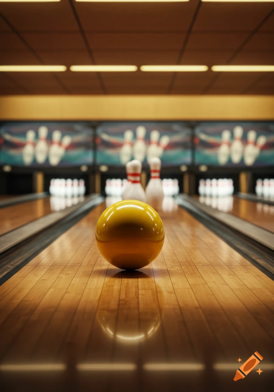 A yellow bowling ball sits on a polished wooden lane, with blurry bowling pins and scoreboards in the distant background.