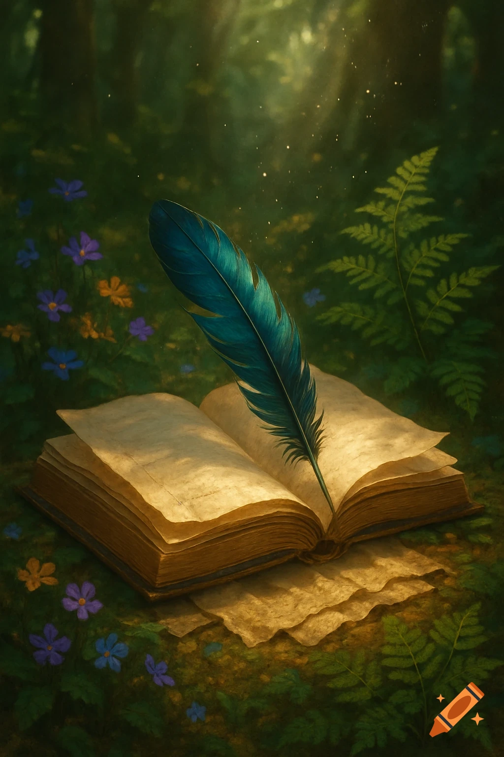 A vibrant blue feather rests on an open, old book with blank pages, surrounded by ferns, small flowers, and glowing particles in a magical, lush green forest.