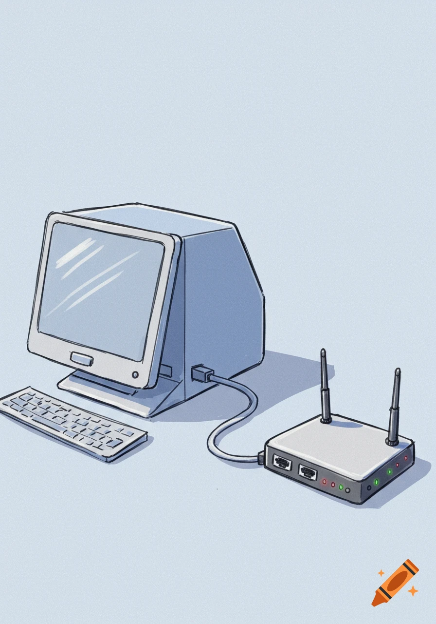 Hand-drawn illustration of an old-style computer monitor, keyboard, and router connected by a LAN cable on a light blue background.