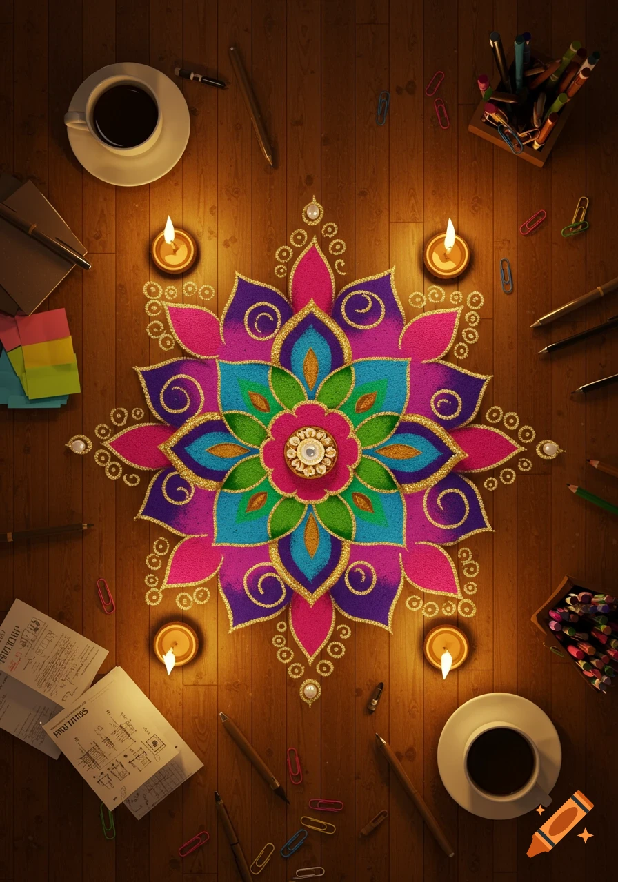 Overhead view of a vibrant rangoli design on a wooden floor, surrounded by lit candles, coffee cups, and office supplies.