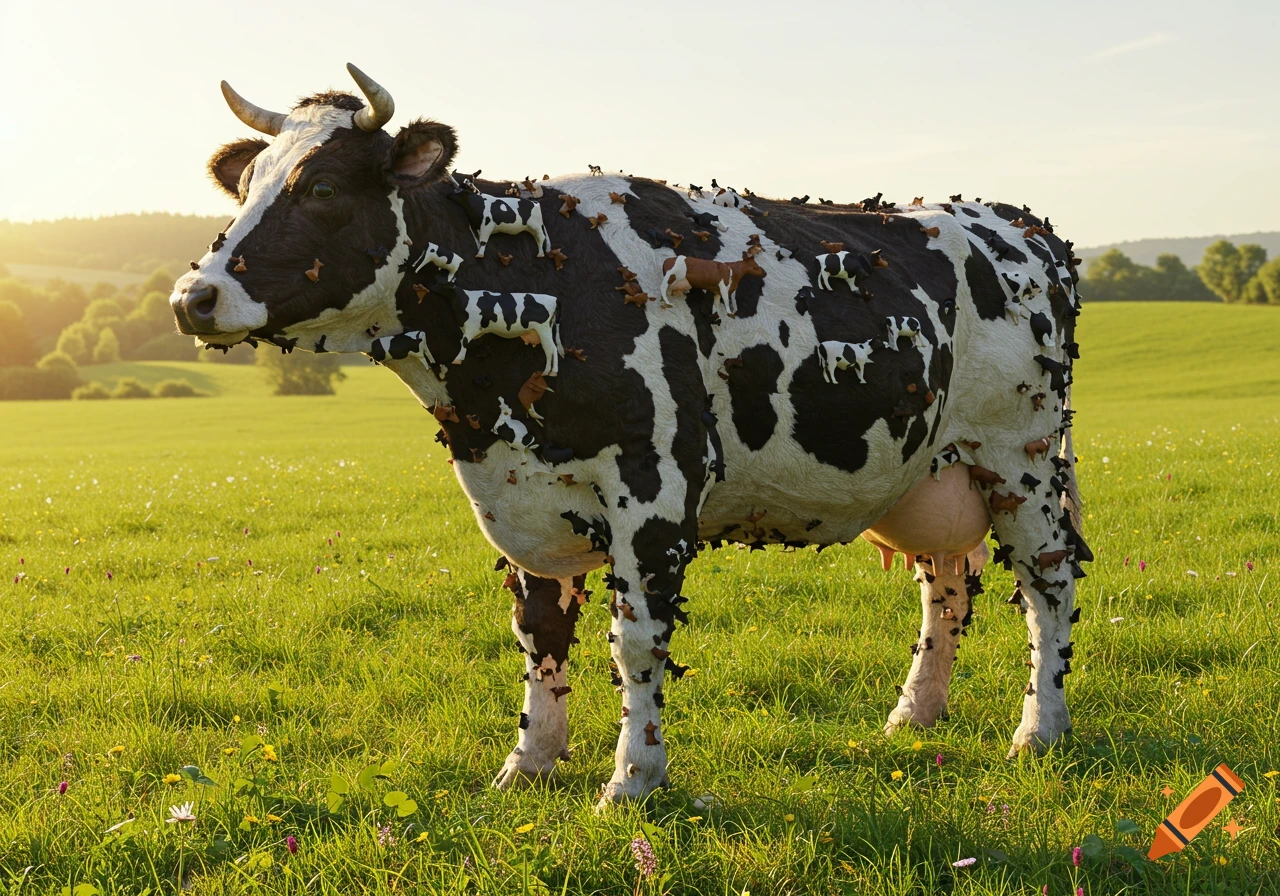 A photorealistic cow standing in a grassy field, its body made up of many smaller cows, with a sunset glow in the background.