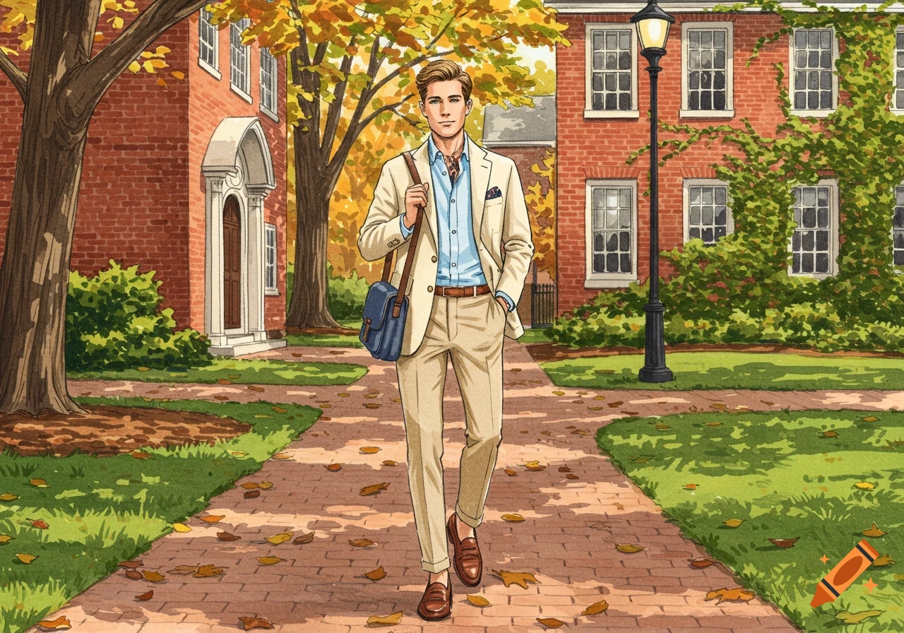 Illustration of a preppy male college student in a beige suit walking on a brick path through an autumn campus with red brick buildings.