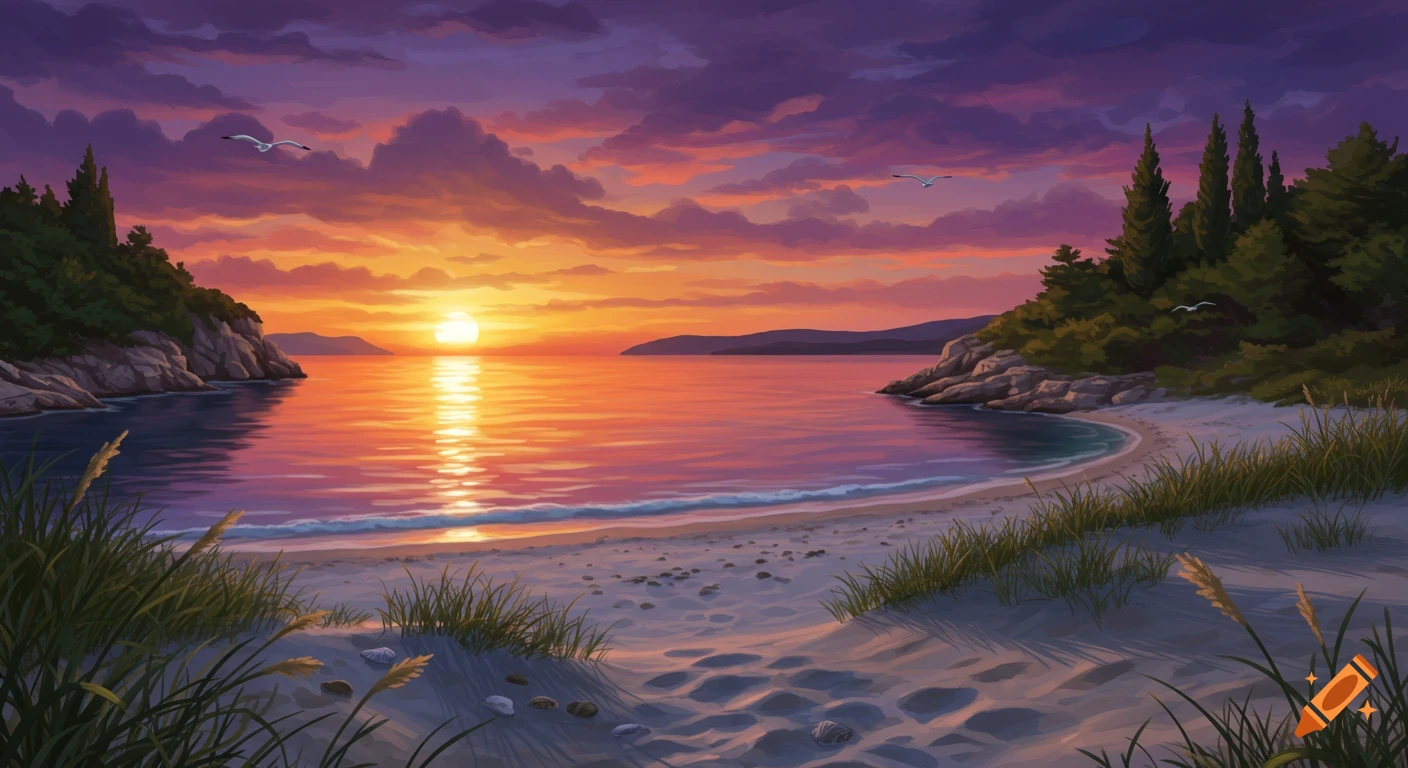 Vibrant painting of a sunset over a calm sea, seen from a sandy beach flanked by rocky cliffs and green trees.