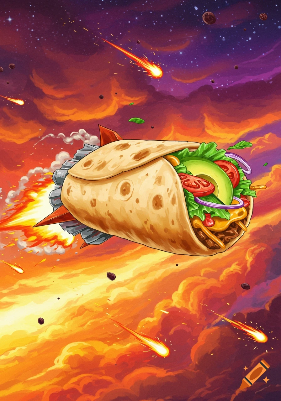 A cartoon burrito rocket flying through a fiery red and purple space with meteors and planets.