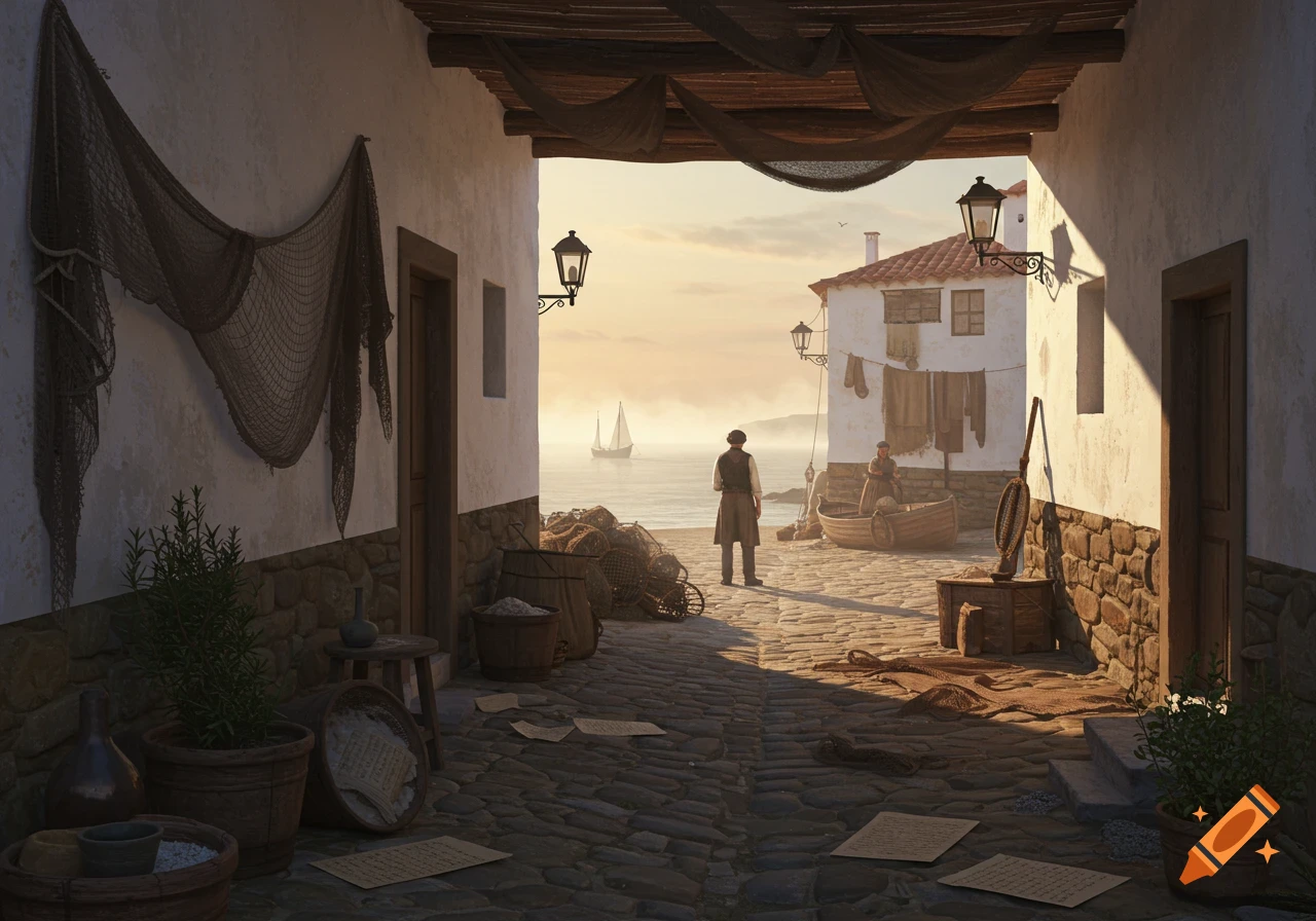 A narrow cobblestone alley in a sunlit coastal village opens to a view of the sea, with fishing nets hanging on walls and two figures by a boat.