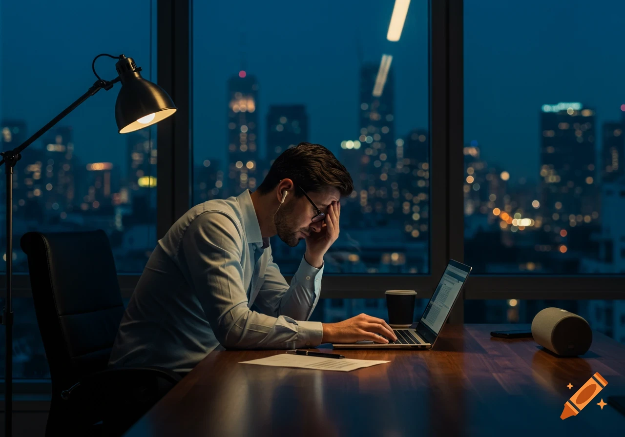 A stressed man in a blue shirt rubs his face while working on a laptop at a desk in a dark office with a city view at night.