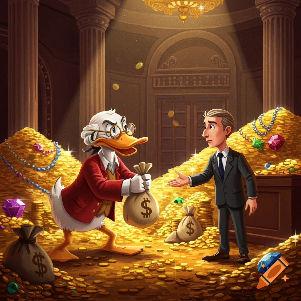 A cartoon duck in a red jacket gives a money bag to a man in a suit, surrounded by piles of gold coins and jewels in a vault.