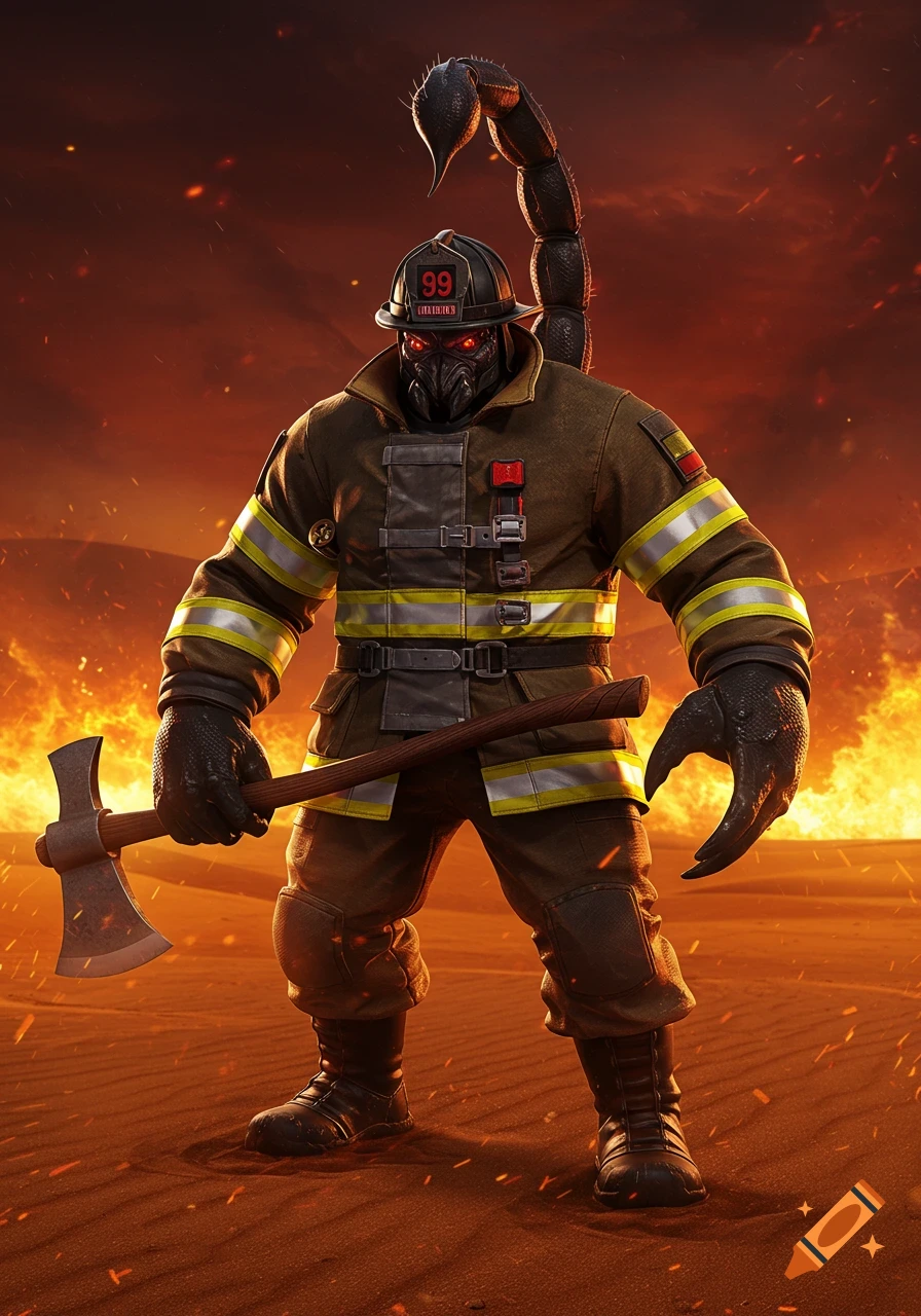 A muscular scorpion-like creature in firefighter gear with a helmet, holding a tomahawk, stands in a fiery, arid landscape.