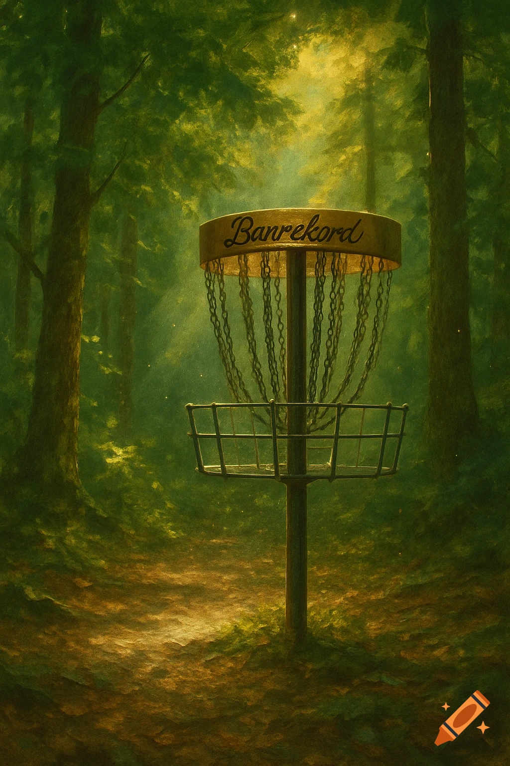 A disc golf basket with "Banrekord" on its rim stands in a lush, misty forest, illuminated by golden sunlight in a painterly style.