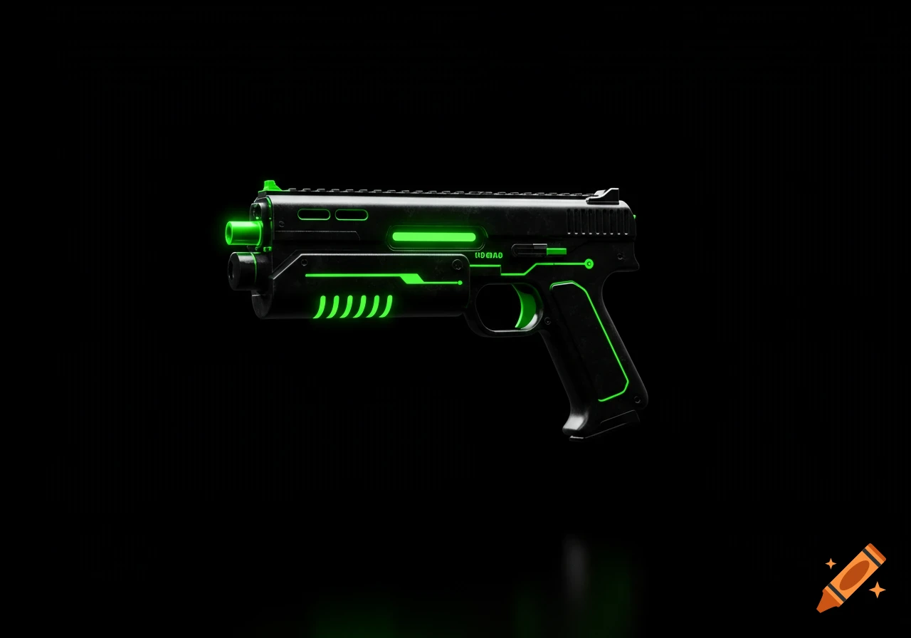 A sleek, black futuristic pistol with glowing neon green accents against a dark background.