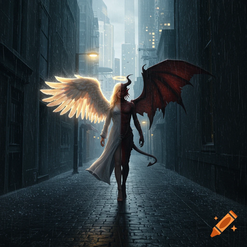 A person split into an angel with a white wing and a demon with a red wing, walking in a rainy city alley.