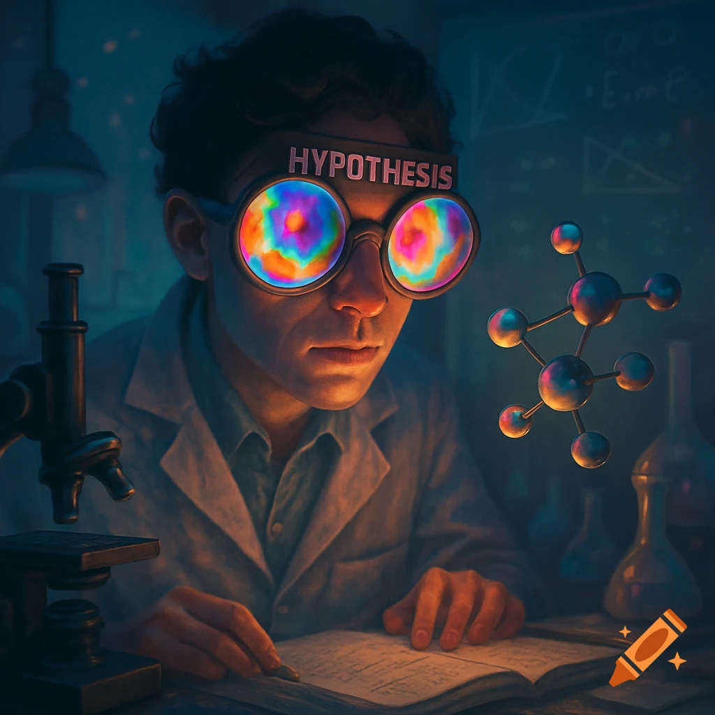 A male researcher in a lab coat wears glasses labeled "HYPOTHESIS" with rainbow lenses, looking at a book. A molecular model floats nearby in a stylized, dimly lit lab.