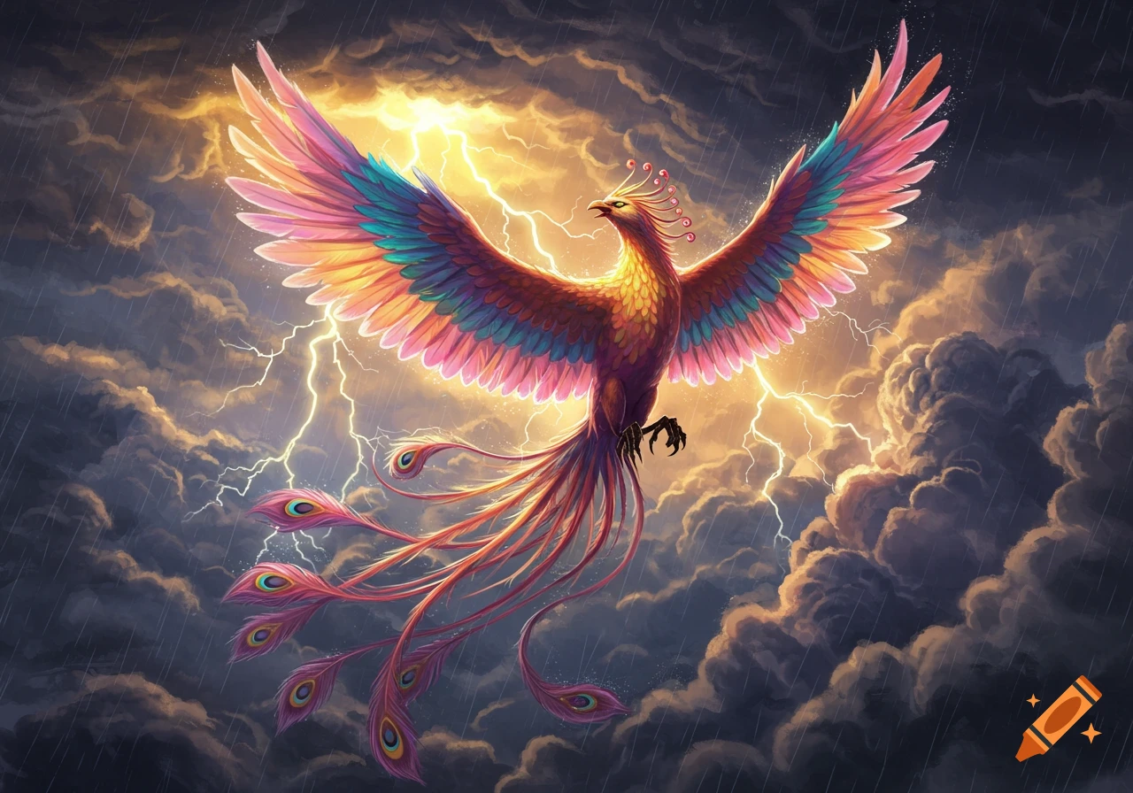A vibrant, colorful phoenix with spread wings soars through a dark, stormy sky illuminated by lightning and rain in a fantasy style.