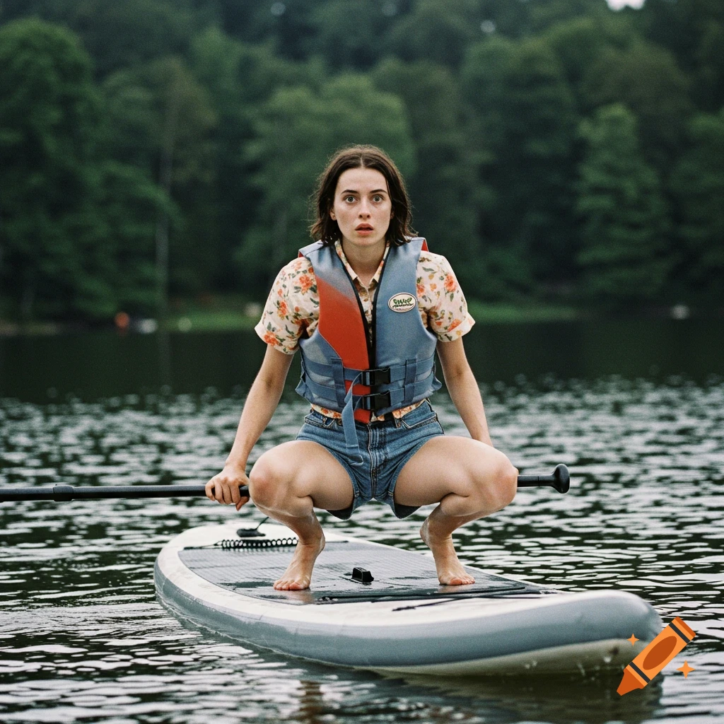 A pale woman in a lifejacket and shorts crouches on a paddleboard on a lake, looking nervously, in an early 2000s style photo.