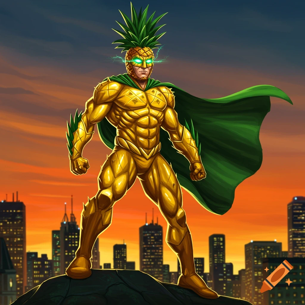 A muscular pineapple superhero in a golden suit and green cape with glowing eyes stands atop a rock overlooking a city at sunset, comic art style.