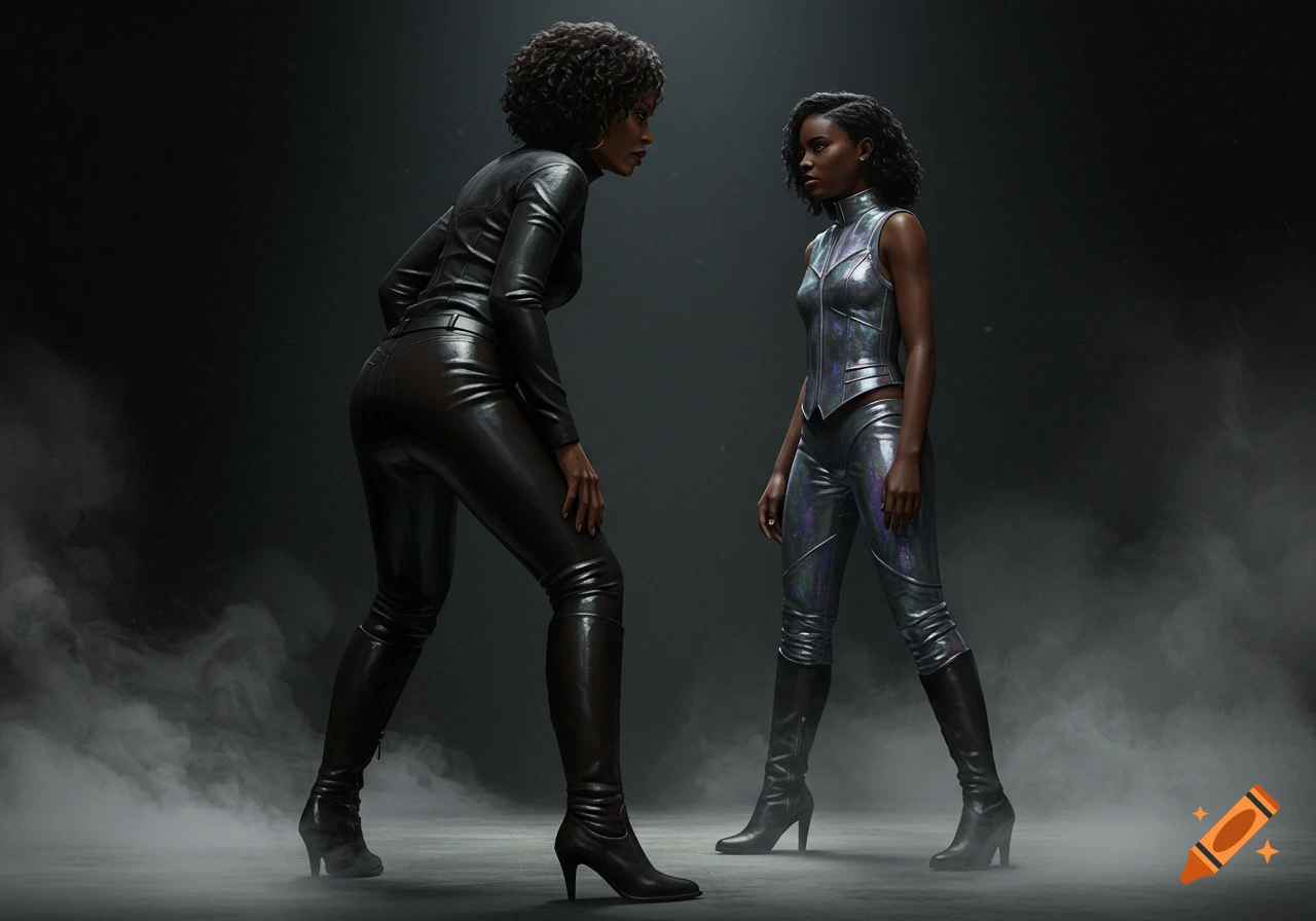 Two Black women in futuristic, form-fitting outfits confront each other in a smoky, dark setting. One wears dark leather, the other iridescent silver.