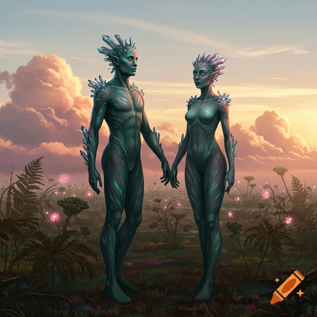 Two crystal-skinned, alien-like humanoids stand in a vibrant alien landscape at sunset, holding hands.