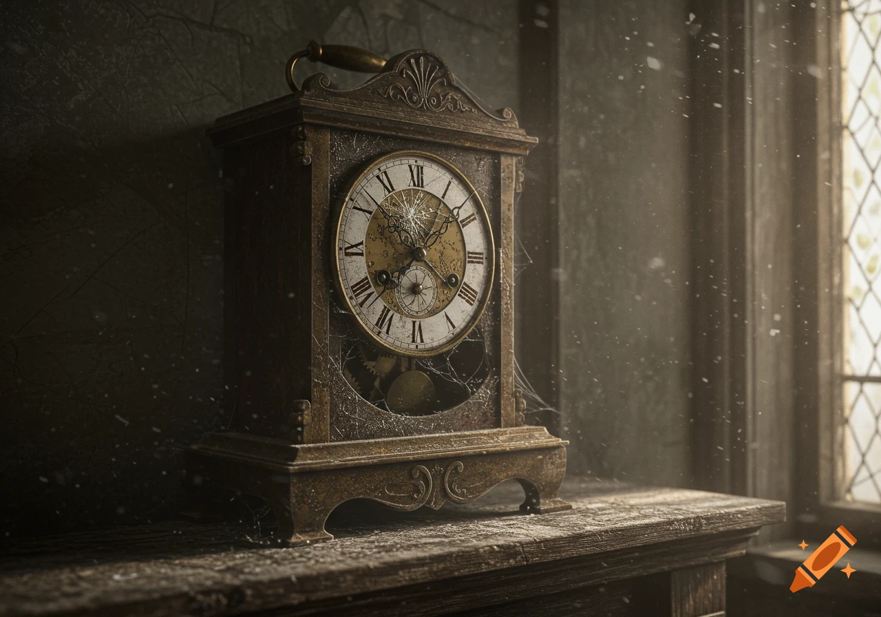 A dusty, broken antique table clock with Roman numerals, covered in cobwebs, sits on a wooden table next to a sunlit window.