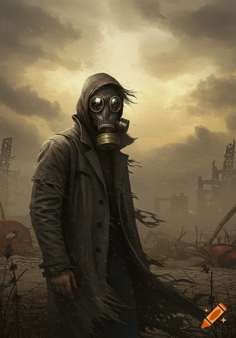 A person in a gas mask and tattered coat stands in a ruined, dusty post-apocalyptic landscape under a cloudy sky.