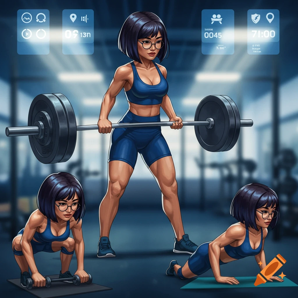 A stylized illustration of an Asian woman with bob hair and glasses performing deadlifts, squats, and push-ups in a gym.