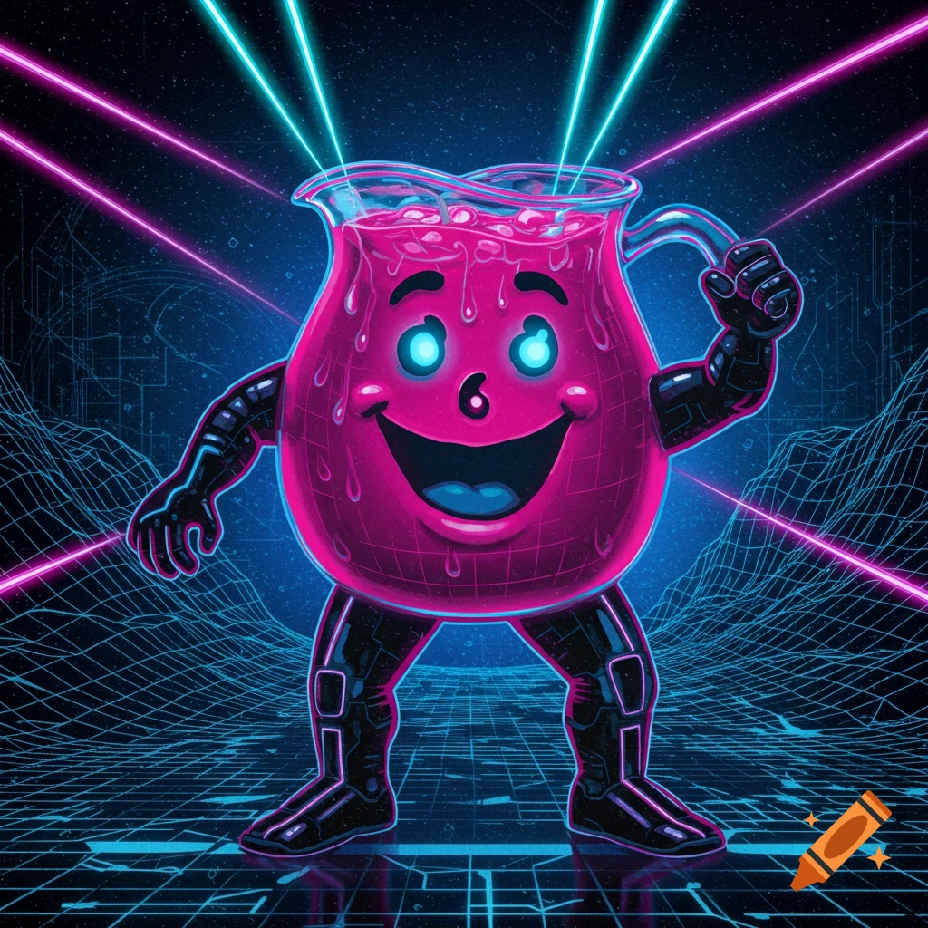 A cyberpunk-style Kool-Aid Man with glowing blue eyes and robotic limbs stands on a neon blue grid landscape with laser beams.
