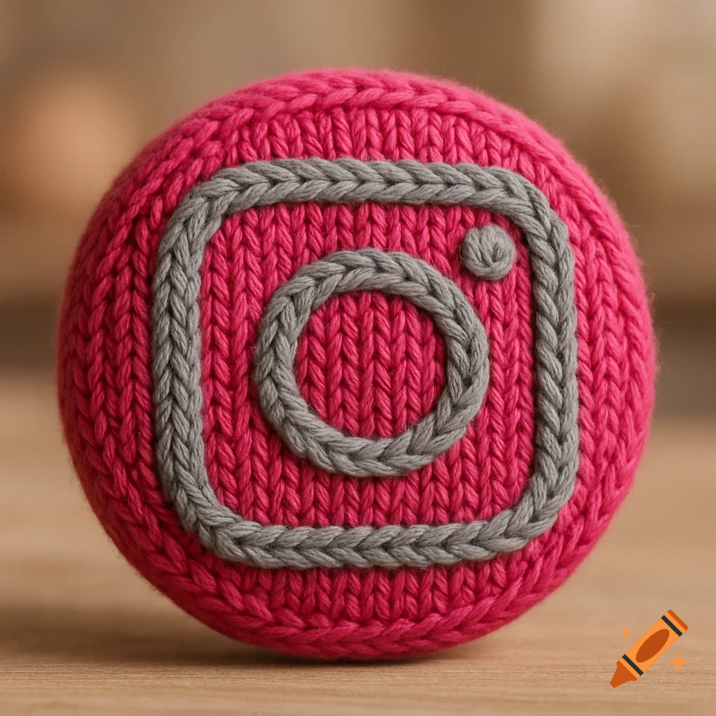 A close-up of a circular knitted object in cerise pink with a grey knitted Instagram logo design.