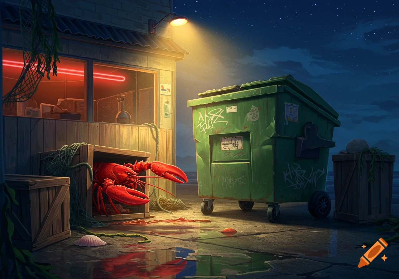 A vibrant red lobster peeks from a wooden crate beside a green dumpster, illuminated by a street light at night in a stylized urban setting.
