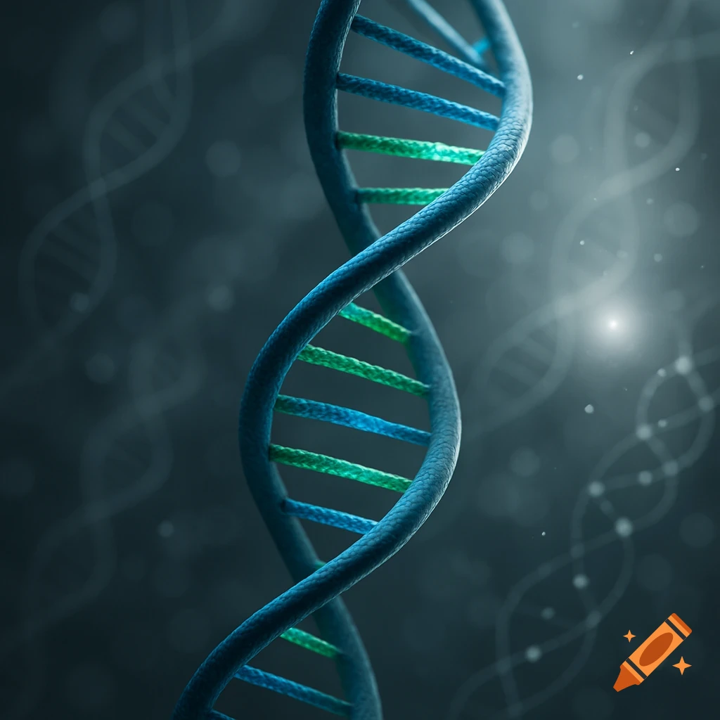 A close-up, illuminated, photorealistic render of a double helix DNA molecule against a dark, blurred scientific background.