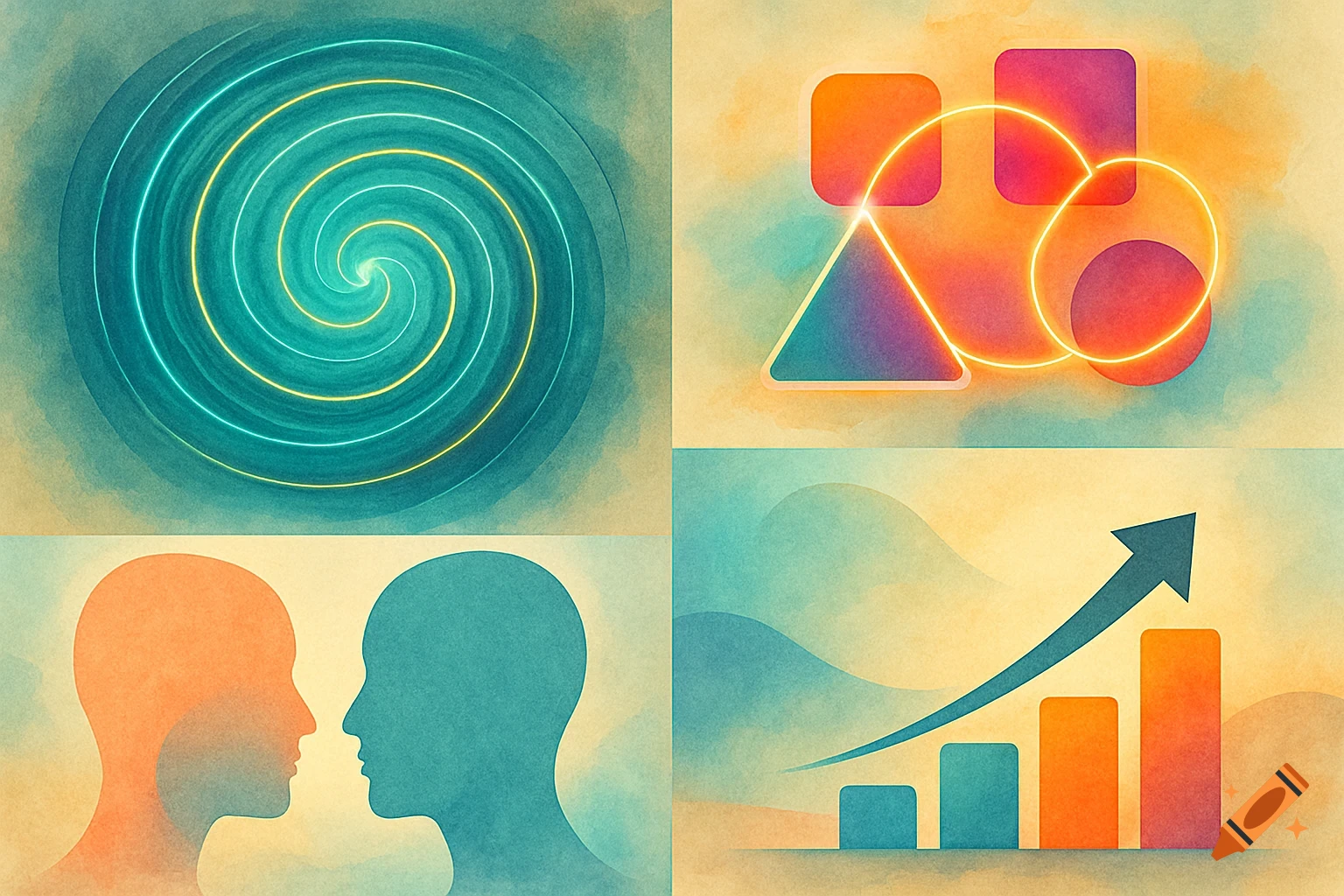 A quad-panel watercolor-style image with abstract diagrams: a teal spiral, glowing geometric shapes, two head silhouettes, and a rising bar graph.