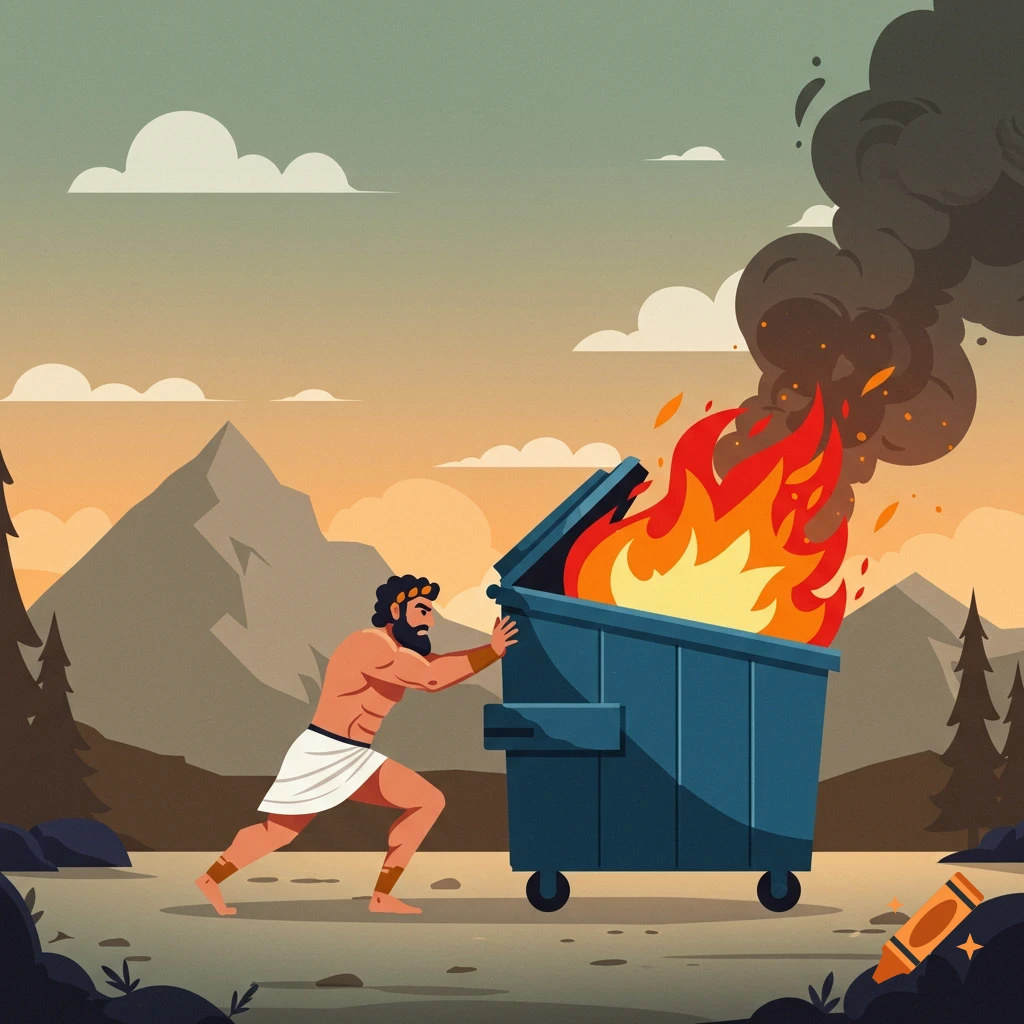 A muscular man in a white toga and laurel wreath pushes a blue dumpster filled with flames and smoke, with mountains and trees in the background, in a flat illustration style.