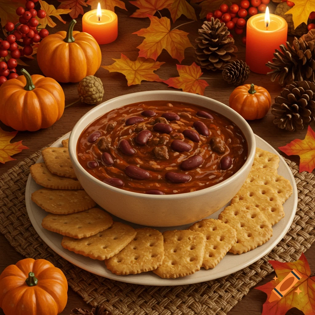 A photorealistic bowl of chili with beans and meat, surrounded by crackers and autumn decorations like pumpkins, leaves, candles, and pinecones.
