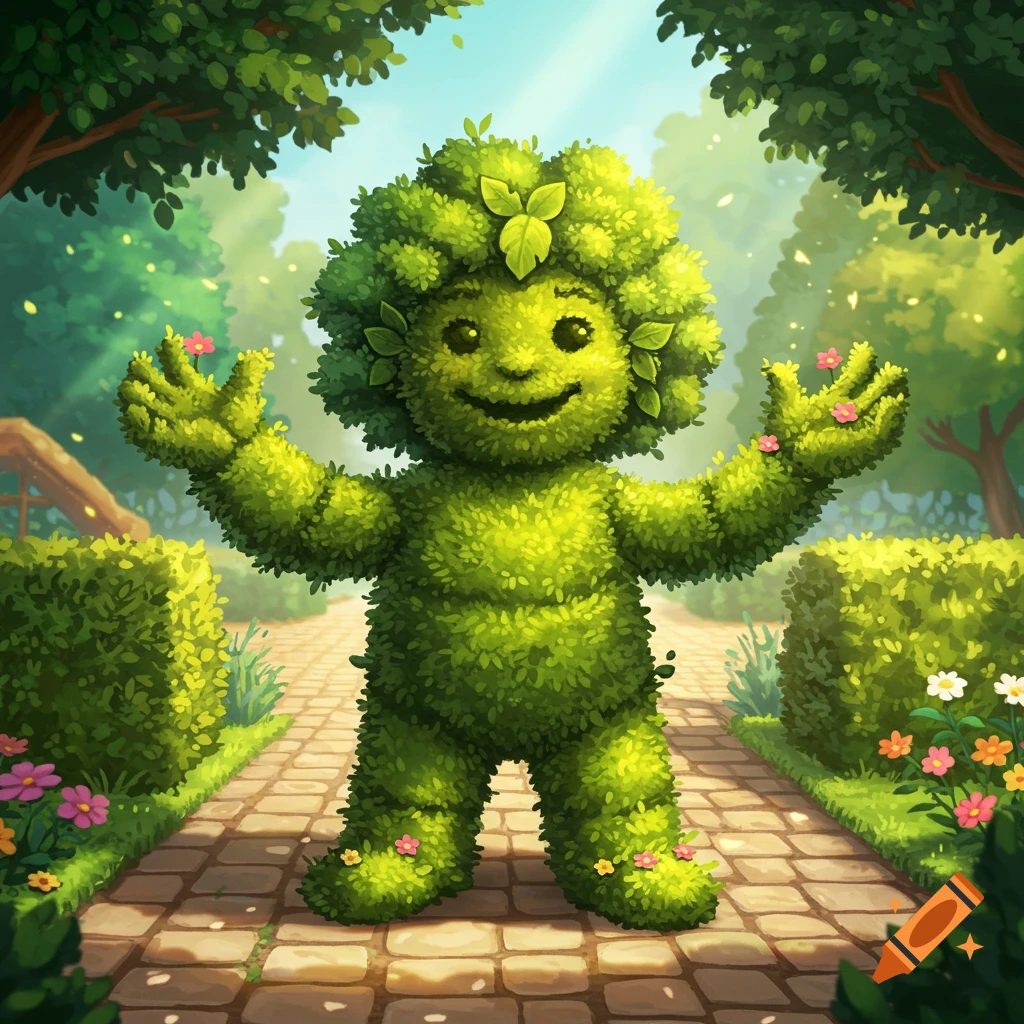 A happy cartoon shrub-man character with open arms stands on a sunny paved garden path surrounded by hedges and flowers.