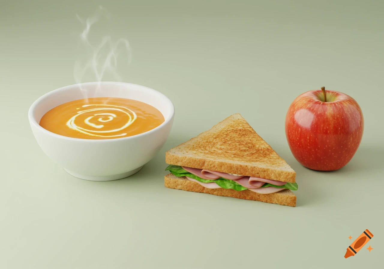 A bowl of steaming orange soup with a cream swirl, a toasted ham and lettuce sandwich, and a red apple on a light green background.