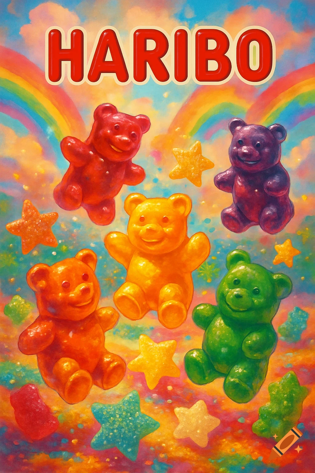 Vibrant illustration of red, orange, yellow, and green gummy bears and stars floating under a rainbow sky with 'HARIBO' text.