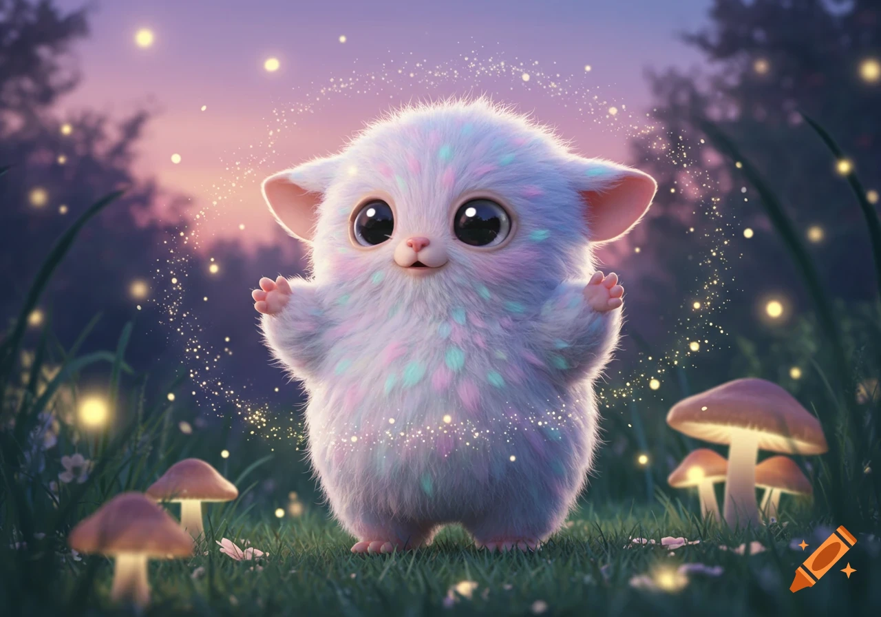 A cute, fluffy, pastel-colored fantasy creature with big eyes stands in a magical forest with glowing mushrooms and sparkling lights.