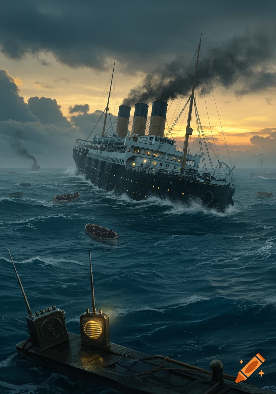 A grand passenger ship, similar to the Titanic, sinks into rough ocean waves at dusk while lifeboats with people paddle nearby.