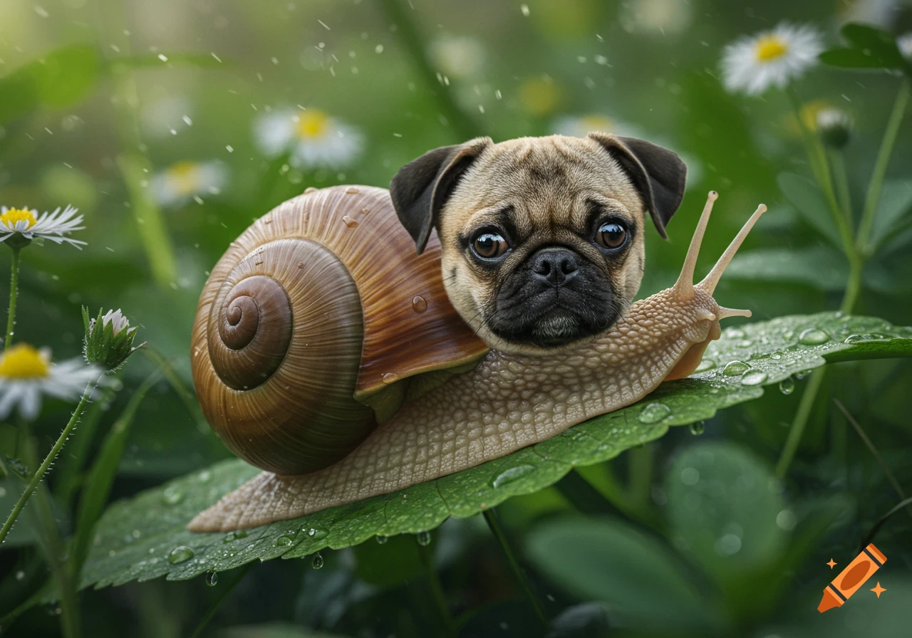 A realistic pug-headed snail crawls on a dewy green leaf with daisies and greenery in the background.
