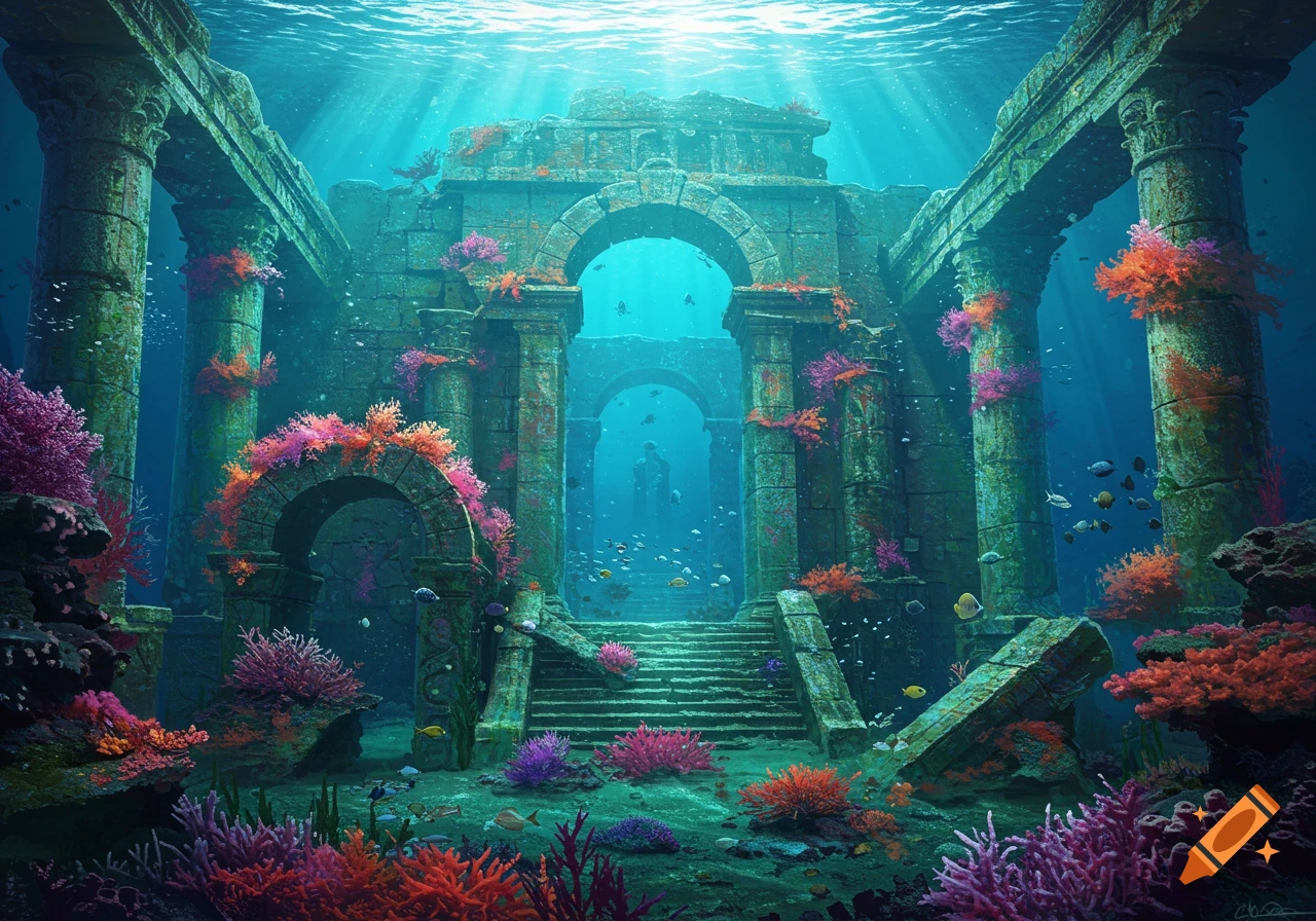 An ancient underwater temple with stone columns, arches, and stairs, covered in vibrant pink, orange, and purple coral, with fish swimming.