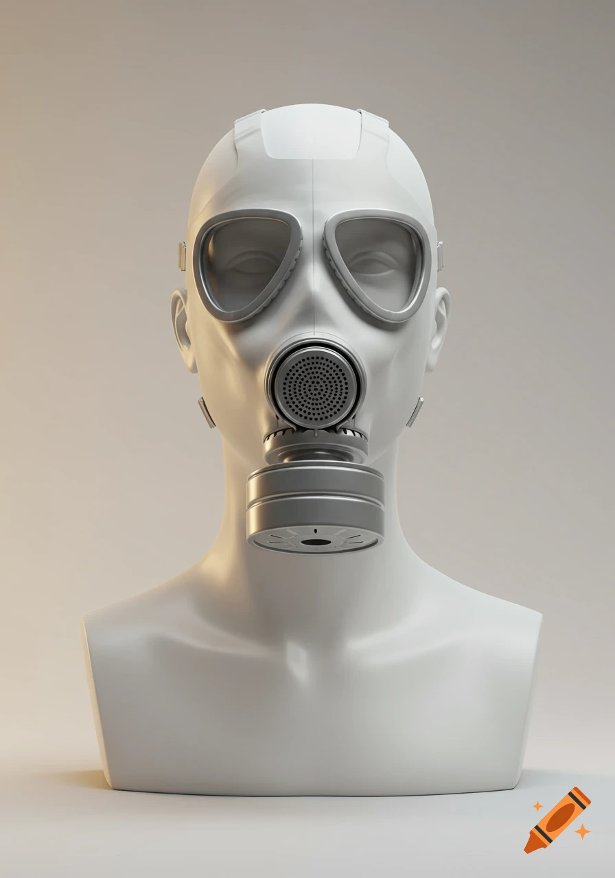 A photorealistic 3D render of a white mannequin head wearing a grey gas mask against a light background.