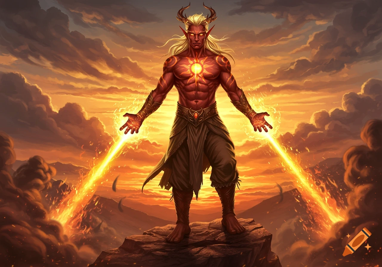 A muscular, red-skinned, horned elf with golden hair stands on a rock, emitting fire and light from his hands, against a vibrant sunset sky.