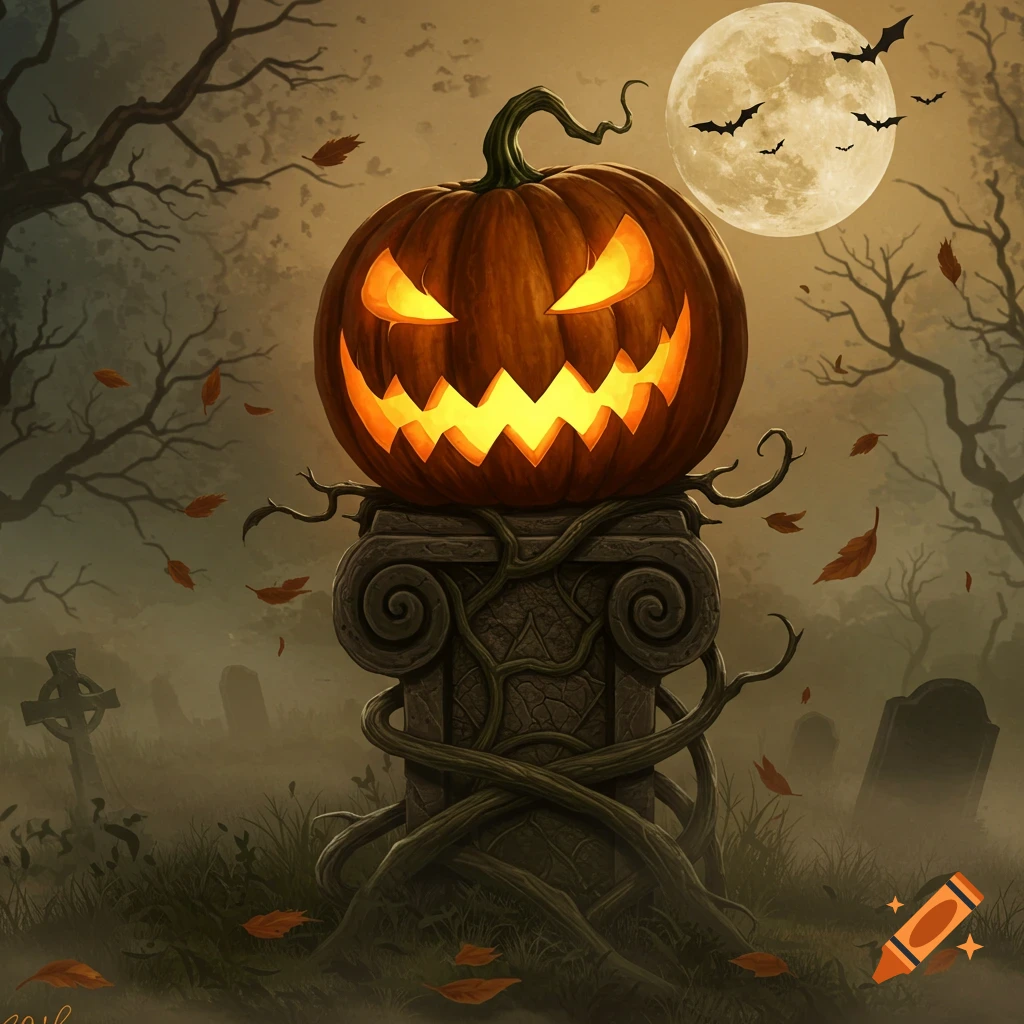 A glowing jack-o'-lantern on a stone pedestal in a misty graveyard with a full moon and bats.