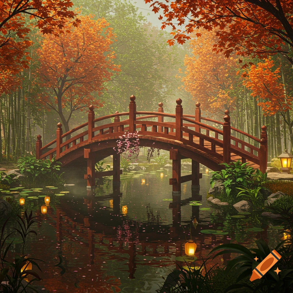 A red arched bridge over a pond with glowing lanterns, surrounded by autumn trees and bamboo in an Asian garden.
