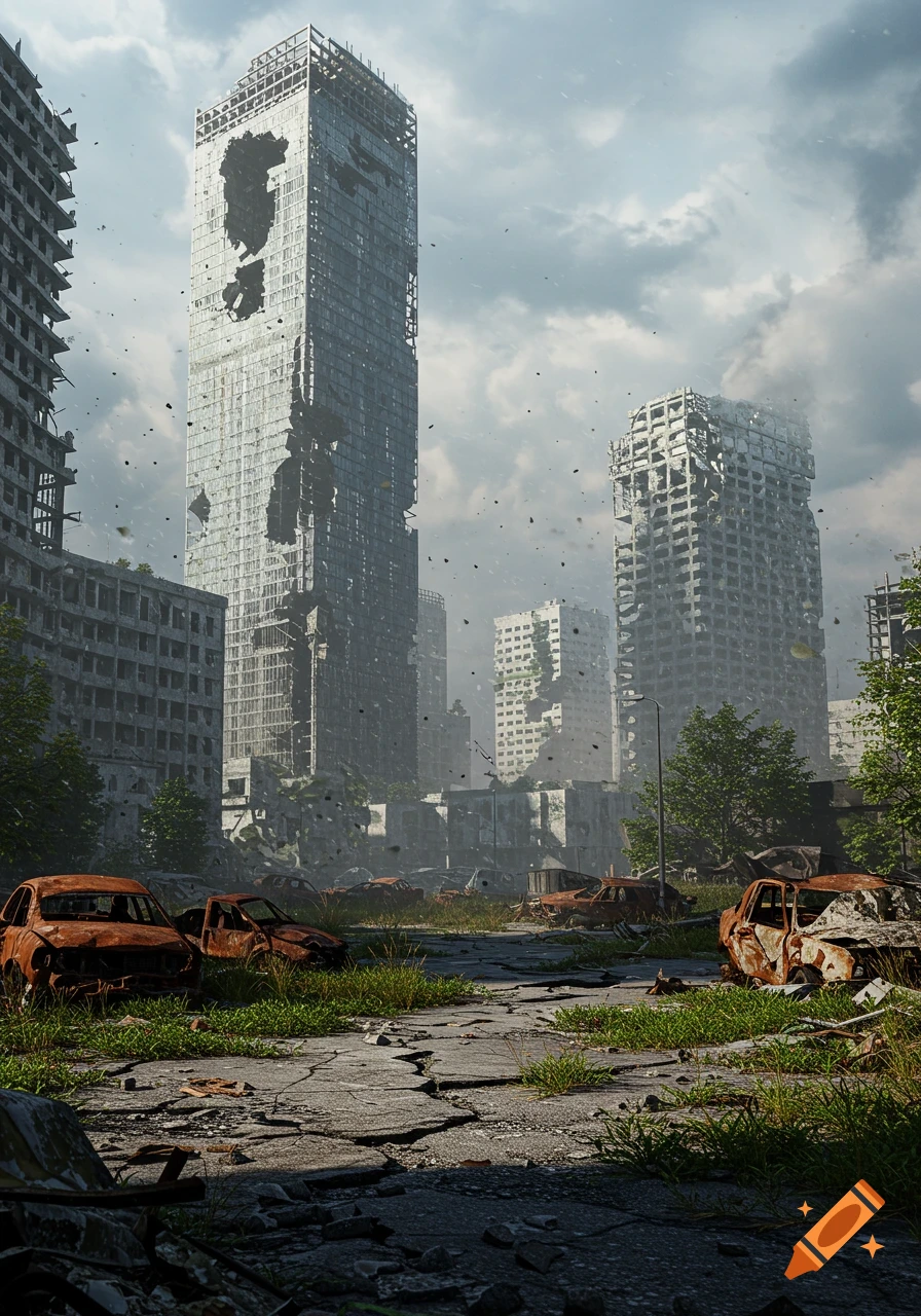 Photorealistic scene of a ruined city with destroyed skyscrapers, overgrown ground, and rusty, abandoned cars under a cloudy sky.