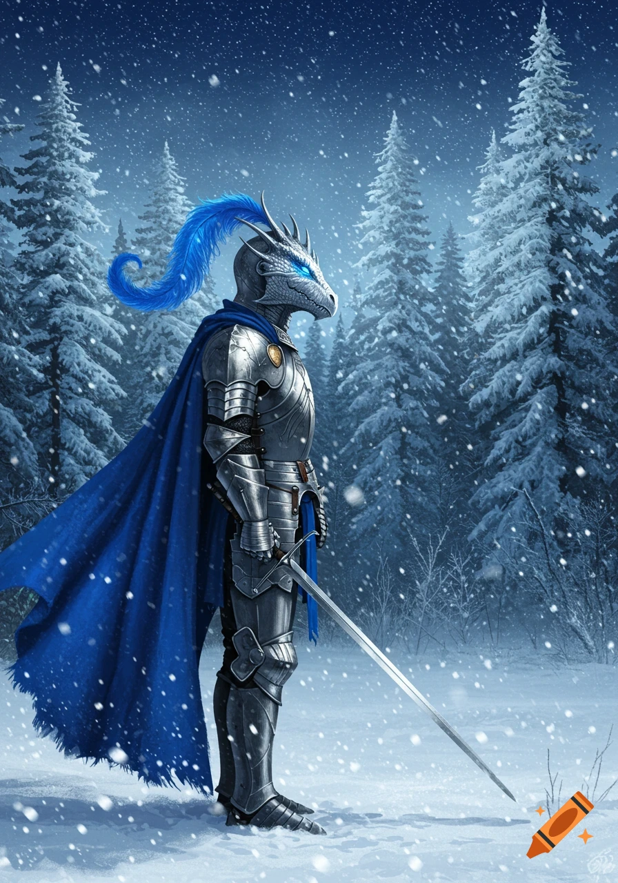 A silver dragon knight in steel armor and a blue cape stands in a snowy forest under a night sky, holding a sword.