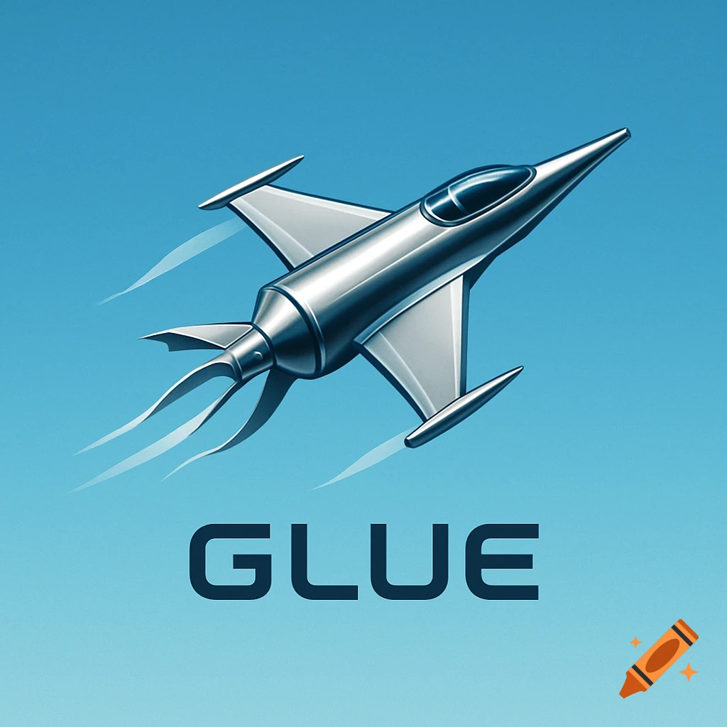 Stylized silver fighter jet with speed lines against a blue gradient background, with the word 'GLUE' below. Graphic design.