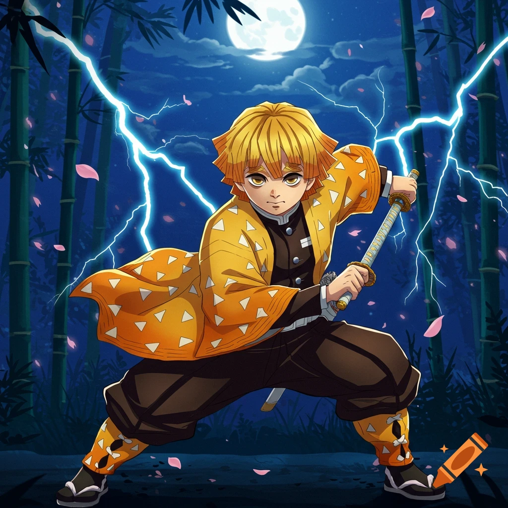 Zenitsu in a dynamic anime illustration, holding a sword with lightning in a bamboo forest under a full moon.
