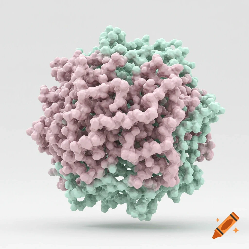 A detailed 3D render of a complex round protein structure, composed of intertwined light pink and mint green sections, against a white background.
