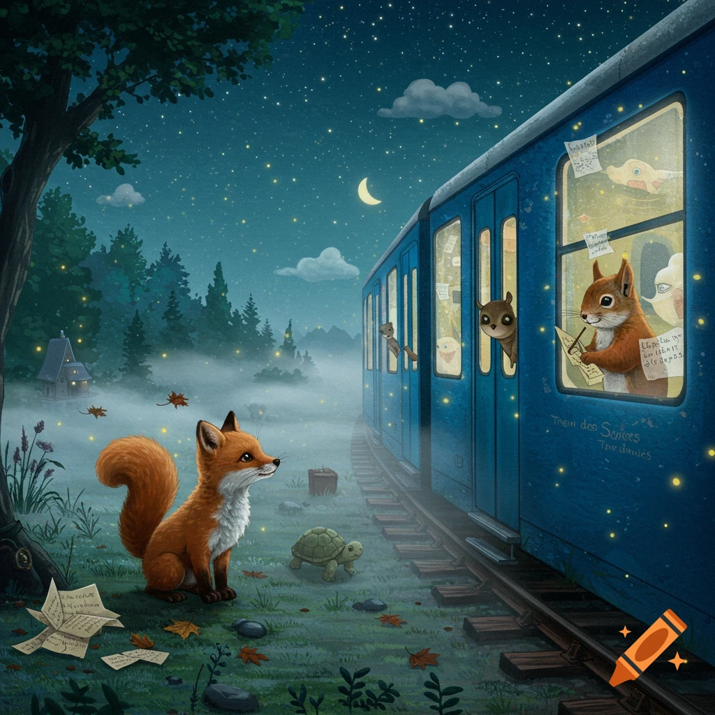 An illustration of a fox and a turtle on a starry night, next to a blue train with animals inside, including a squirrel writing at a window.