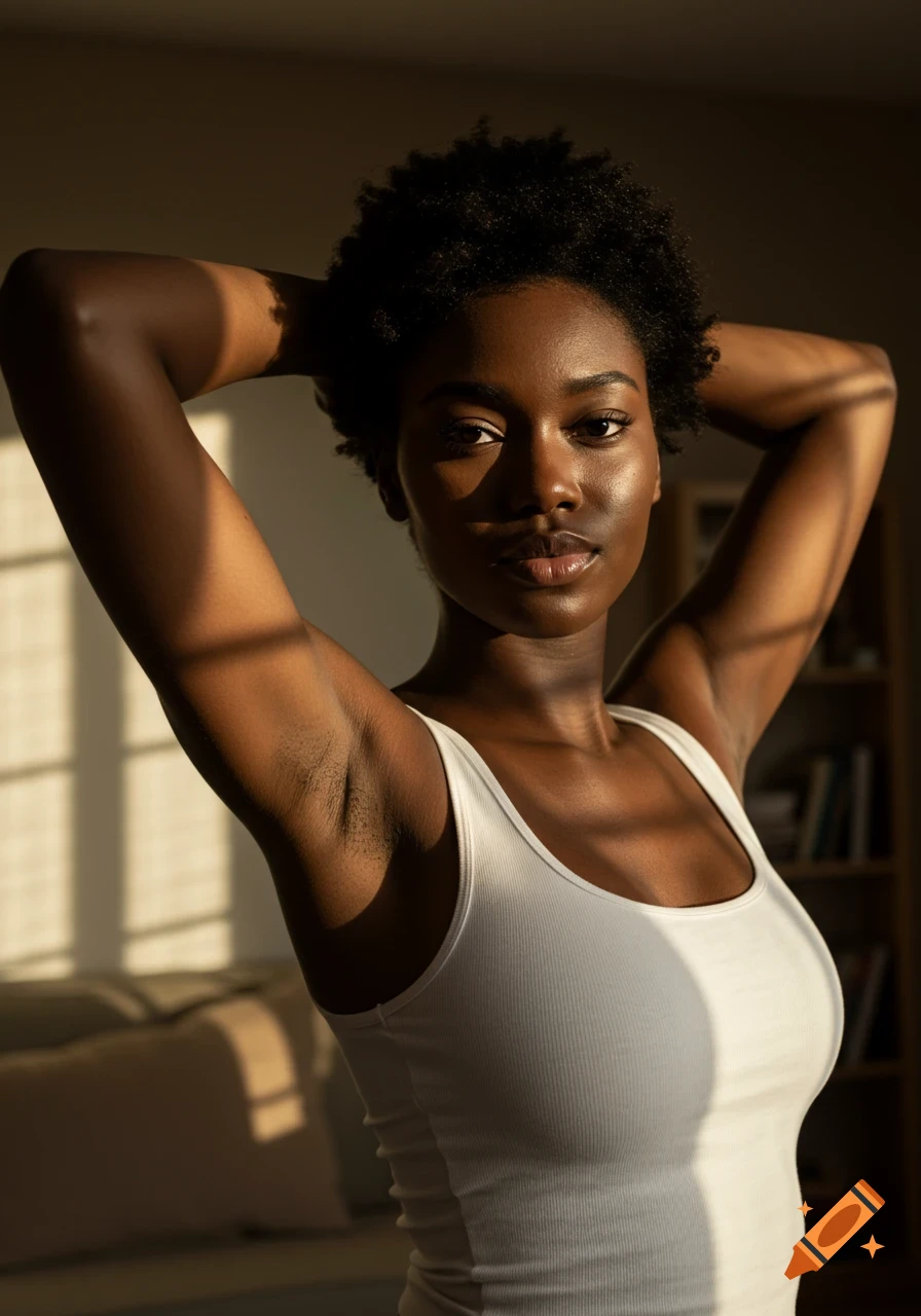 Photorealistic portrait of a confident Black woman in a white tank top, arms raised, revealing hairy armpits, bathed in warm sunlight.